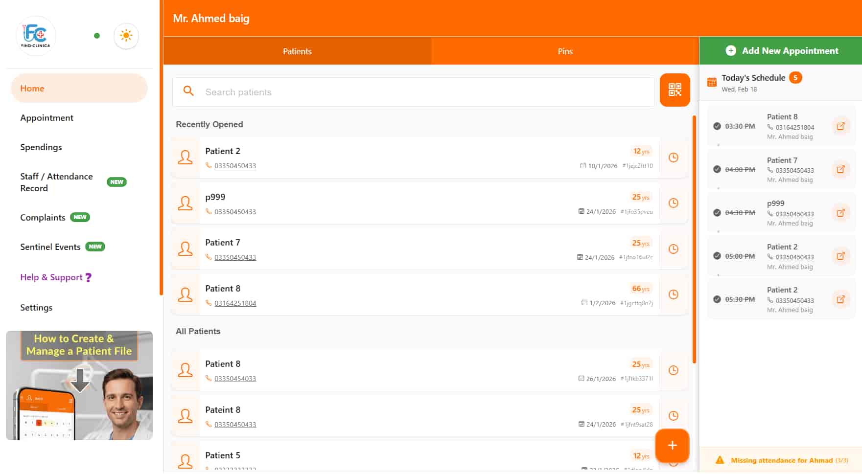 Patient File Management — FindClinica app screenshot (desktop view)